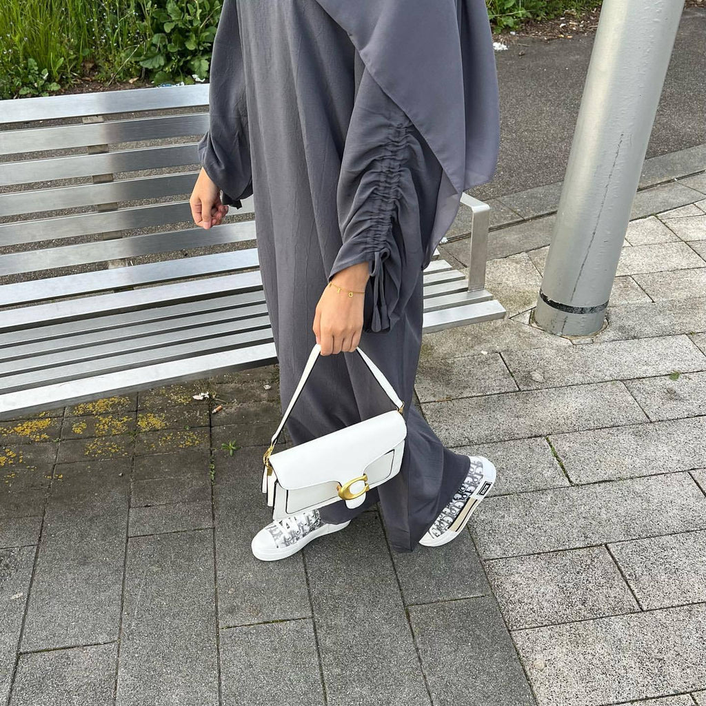 1833#Hot Selling Women Abaya Ruched Sleeve Long Dress Solid Color Breathable Closed Abaya Women Muslim Dress