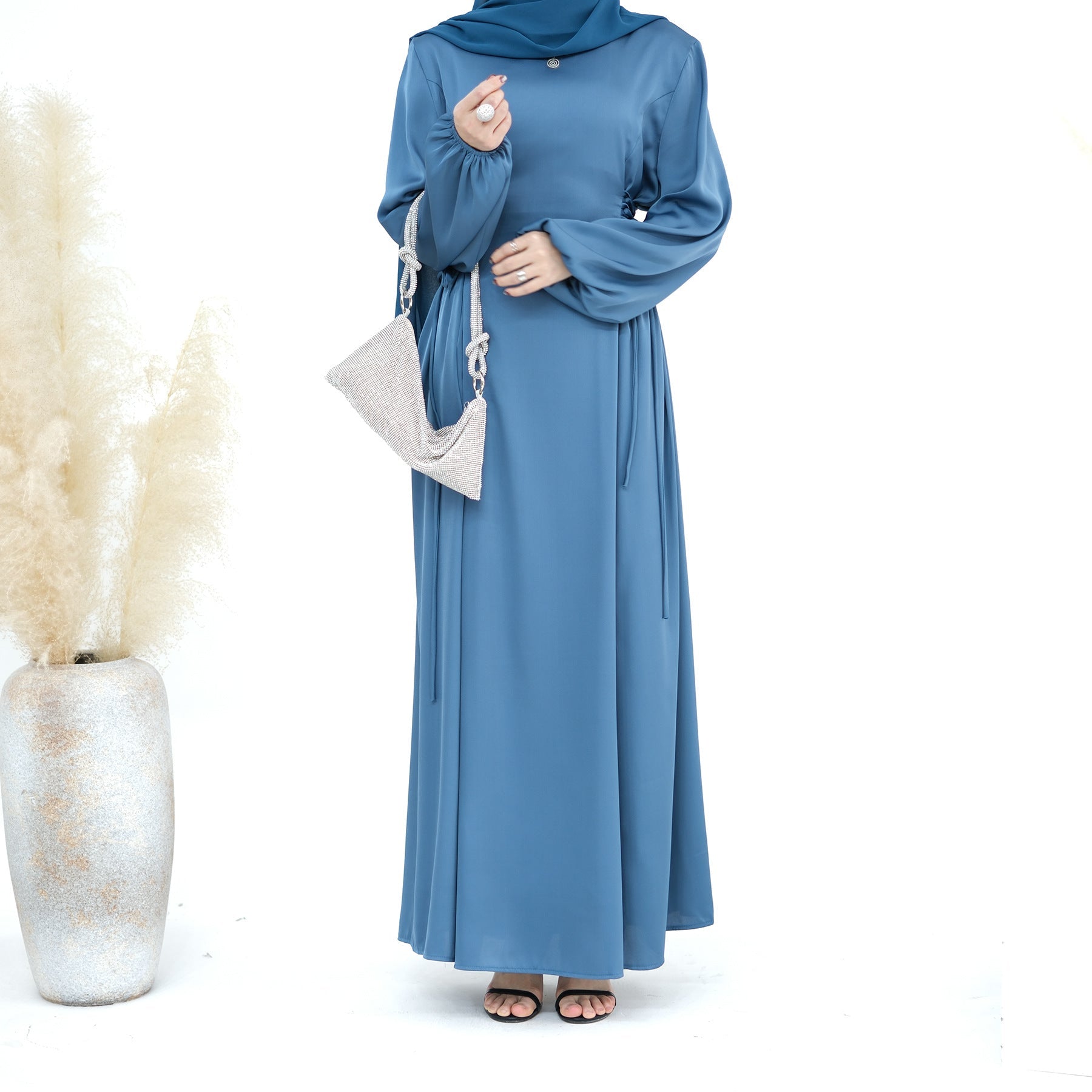 1702#2024 New Modest Dresses Satin Casual Dresses Abaya Women Muslim Dress Ramadan 的副本