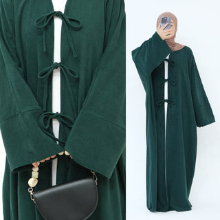 1927# Cutest Bow-Tie Front Open Corduroy Abaya Fall Winter Butterfly Cardigan Kimono Abaya