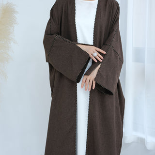 1849# EID Ramadan Modest Dubai Abaya Women Muslim Dress Slit Sleeves Linen Polyester Cardigan Abaya