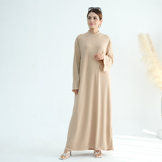 1905#High Neck Simple Daily Wear Plain Modest Abaya Women Muslim Dress Long Sleeve Slip Dress