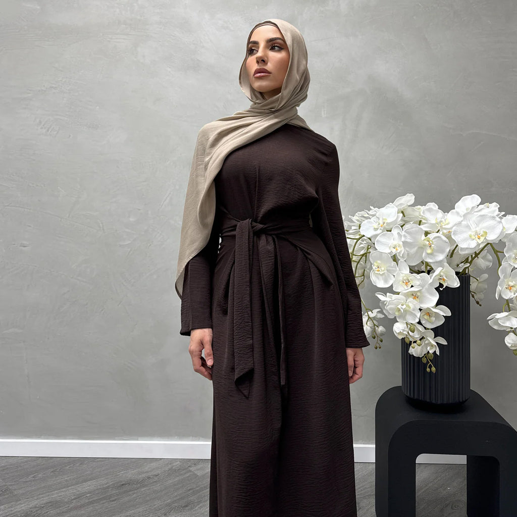 1822#New Arrival Modest Apparel Tie Front Waist Dresses Jazz Maxi Dress Fashion Abaya Women Muslim Dress