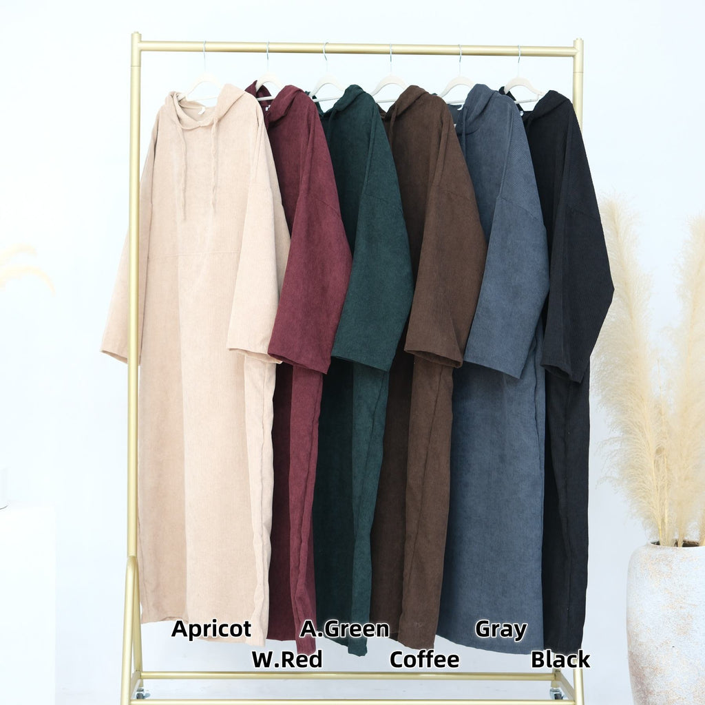 1890#Casual Cordury Hoodie Abaya Loose  Muslim Women Dress with Pockets Daily Wear Winter Abaya