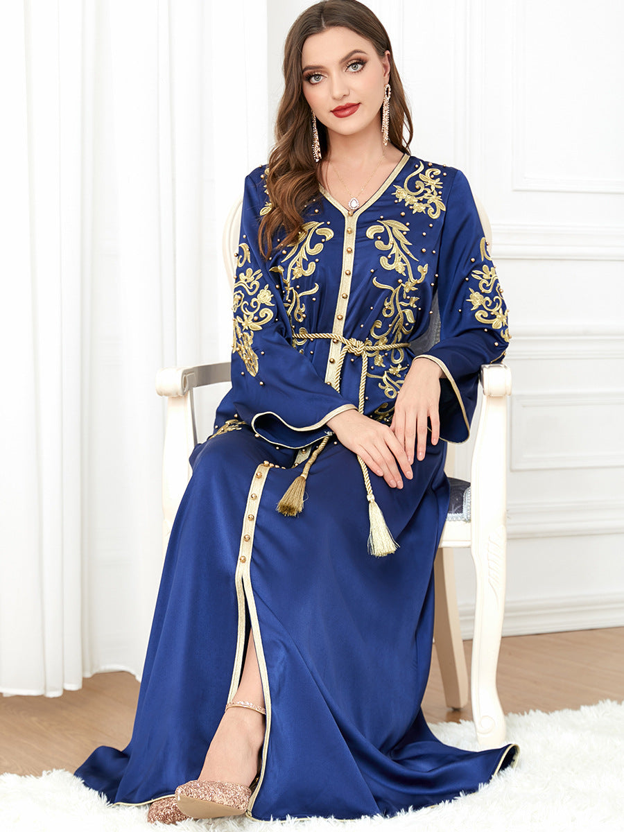3299#Modest Muslim Turkey Arabic Dubai Diamond Ribbon V Neck Bead Maxi Dress