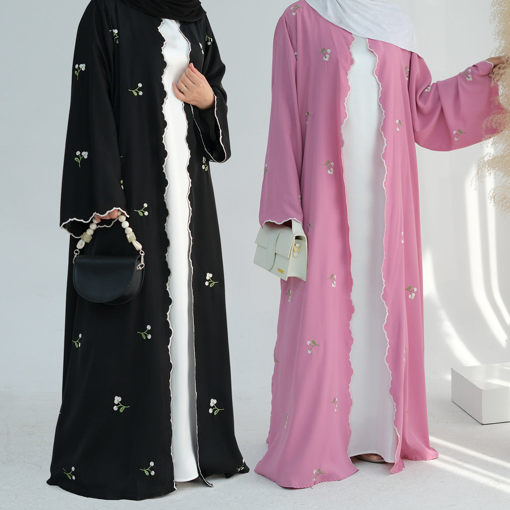1881#Nida All Over Flower Embroidery Cardigan Modest Open Abaya Women Muslim Dress