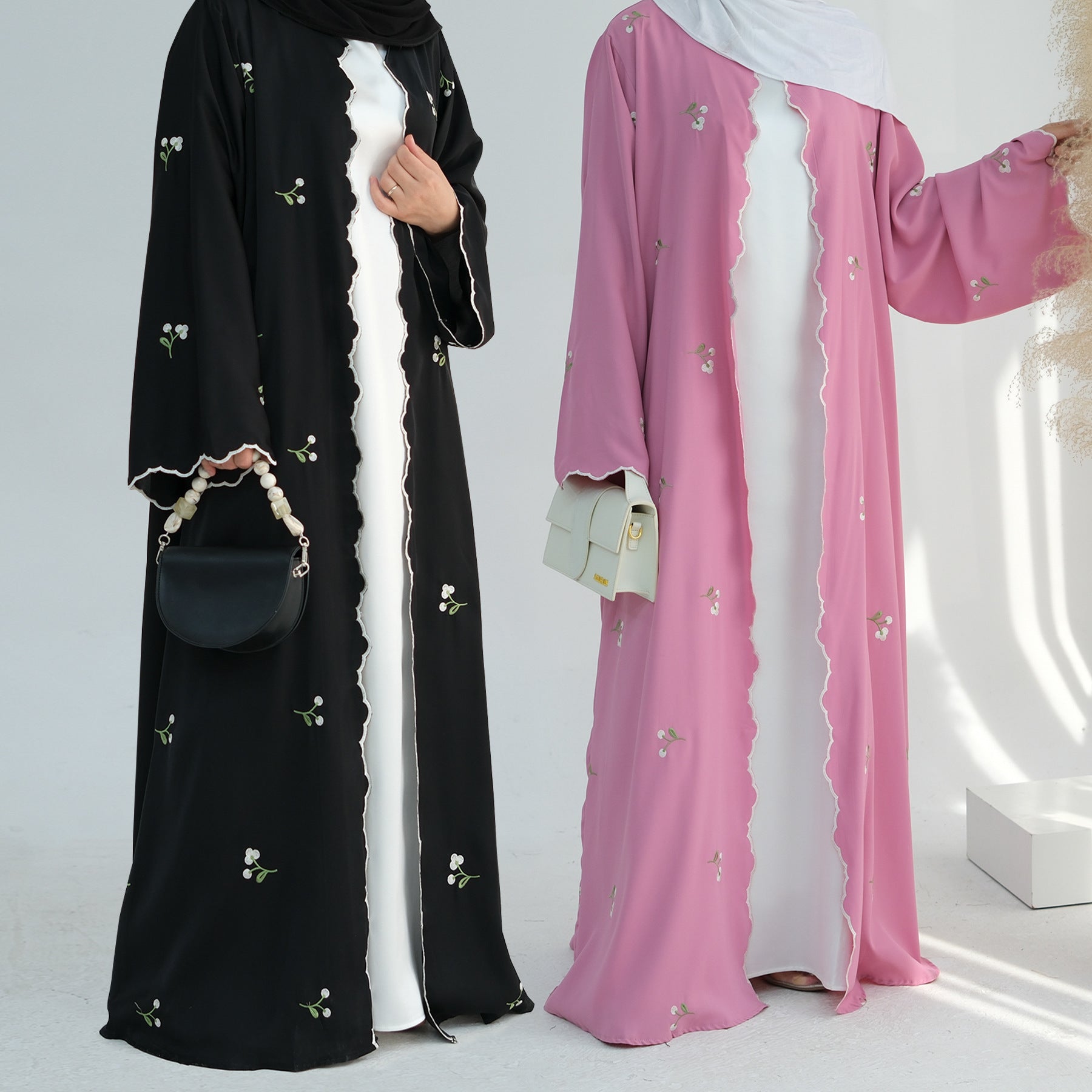 1881#Nida All Over Flower Embroidery Cardigan Modest Open Abaya Women Muslim Dress