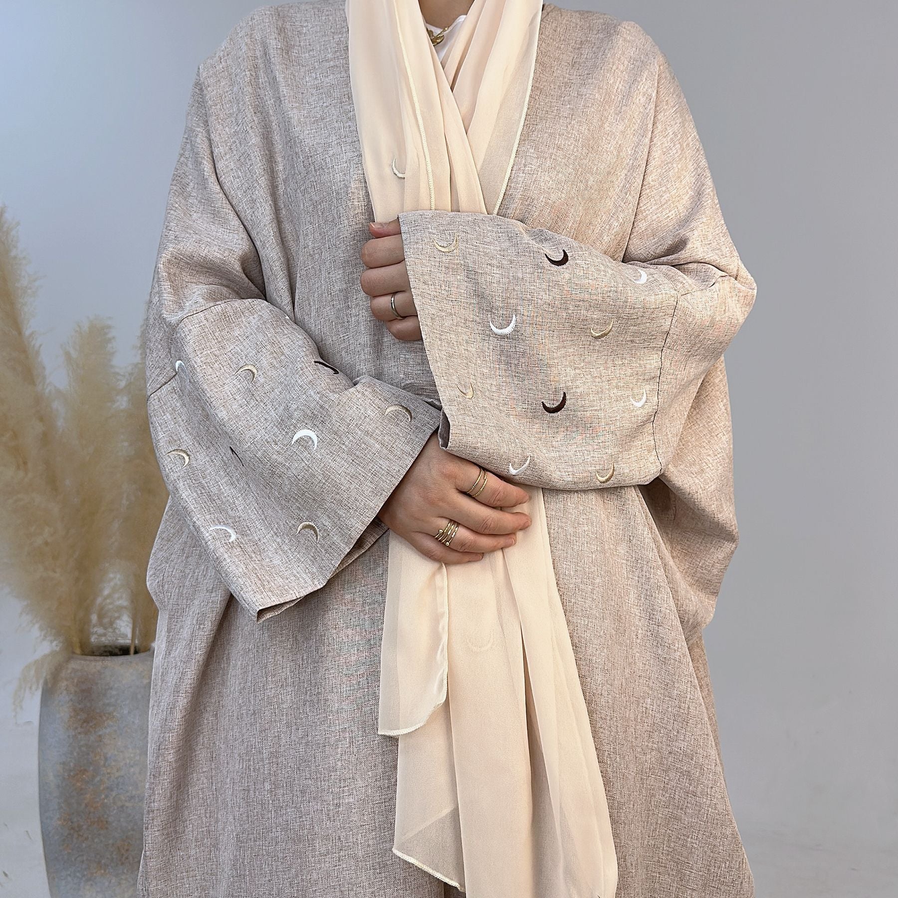 1664#New Arrival EID Linen Islamic Clothing Musulmane Moon Embroidery Women Kimono Cardigan Abaya