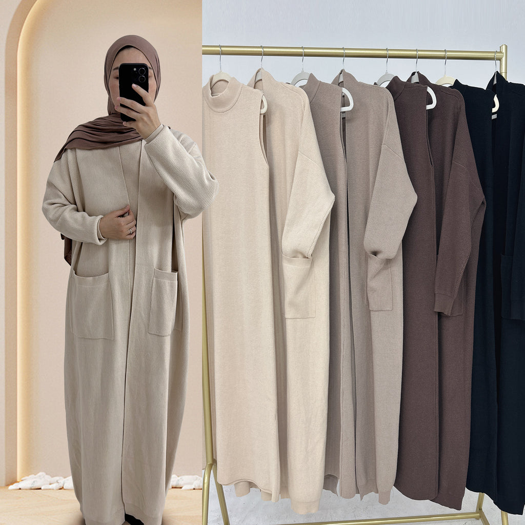 LR906+LR907#Sweater Modest Islamic Clothing Winter Women Muslim Dress and Cardigan  Kimono Abaya