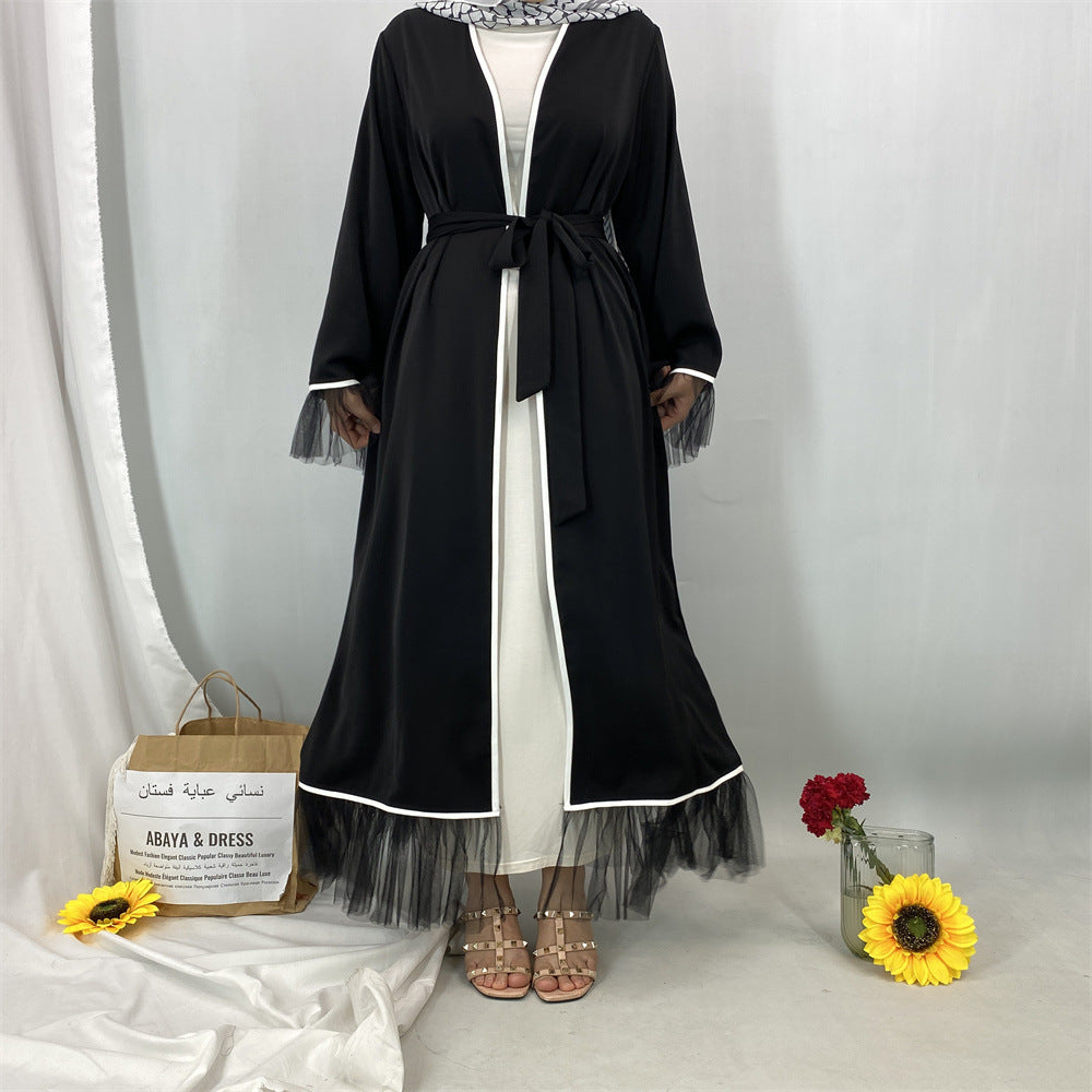 1466#Long Sleeve Elegant Women Solid Color Mesh Black Open Abaya with White Piping