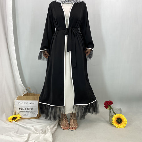 1466#Long Sleeve Elegant Women Solid Color Mesh Black Open Abaya with White Piping