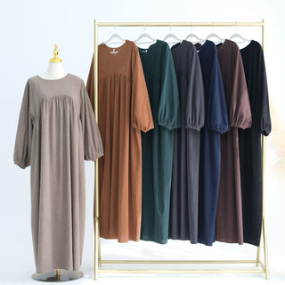 1919#New Winter Abaya Round Neck Balloon Sleeves Solid Color Cordury Closed Abaya Women Dresses