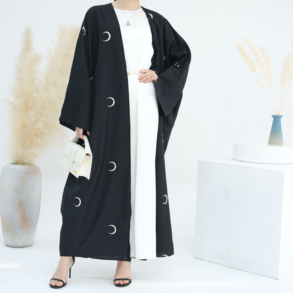 1700#Latest Muslim Women Moon Embroidery Open Abaya Islamic Clothing Dress