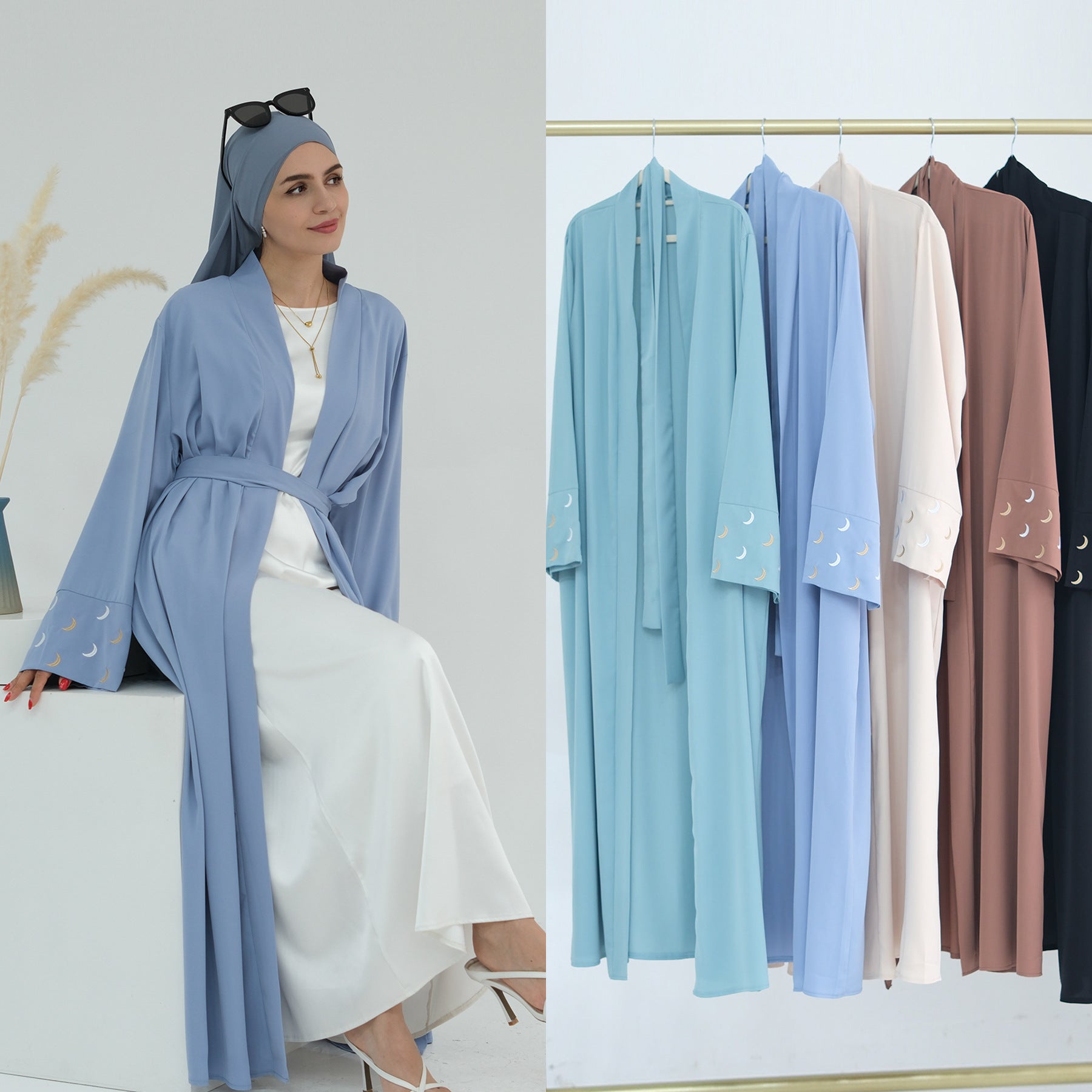 1785#New Arrival Cardigan Muslim Women's Dresses Moon Embroidery EID Linen Abaya