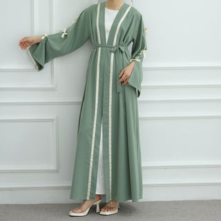 1033#EID Ramadan Modest Muslim Women's Abaya Dress Solid Color Bow Sleeves Cardigan Open Kimono