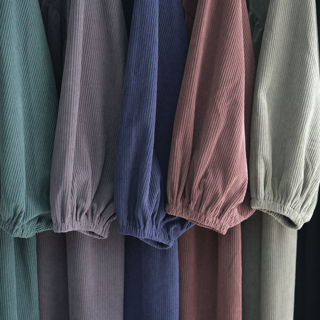1919#New Winter Abaya Round Neck Balloon Sleeves Solid Color Cordury Closed Abaya Women Dresses