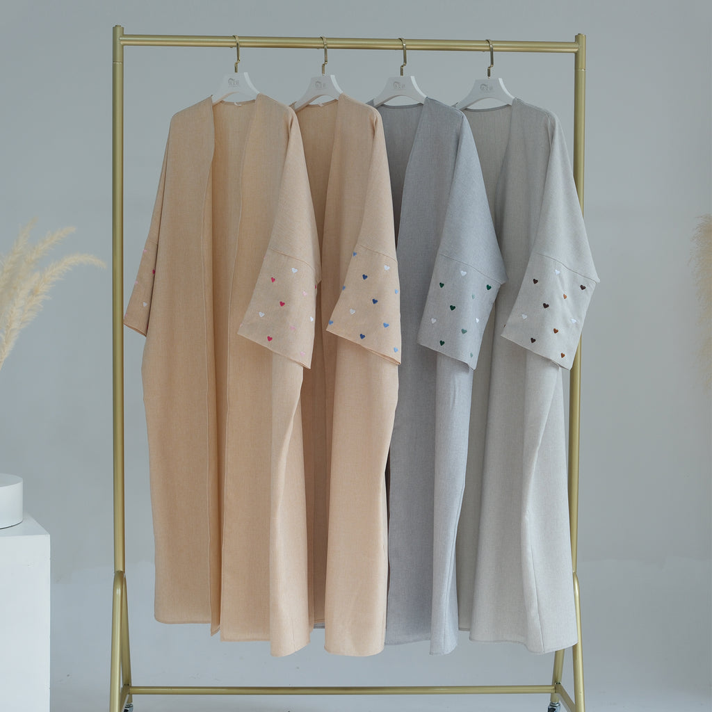 1712# Linen Abaya Islamic Clothing Women Kimono Cardigan EID Ramadan Embroidery Hearts Abaya