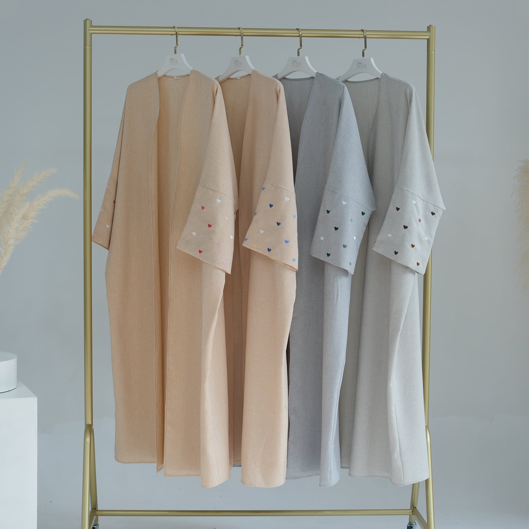 1712# Linen Abaya Islamic Clothing Women Kimono Cardigan EID Ramadan Embroidery Hearts Abaya