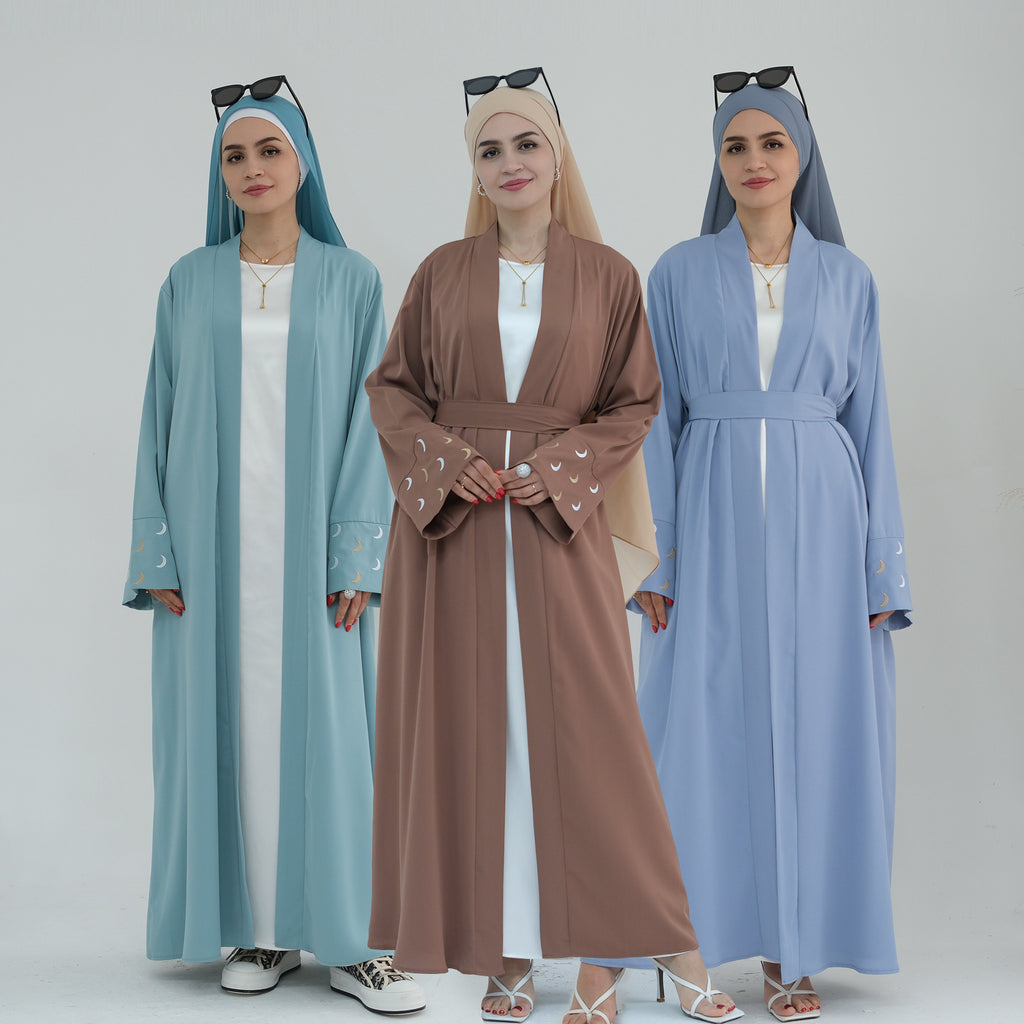 1785#New Arrival Cardigan Muslim Women's Dresses Moon Embroidery EID Linen Abaya