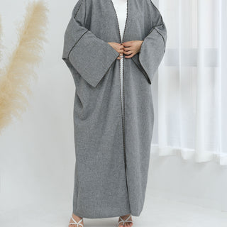 1849# EID Ramadan Modest Dubai Abaya Women Muslim Dress Slit Sleeves Linen Polyester Cardigan Abaya