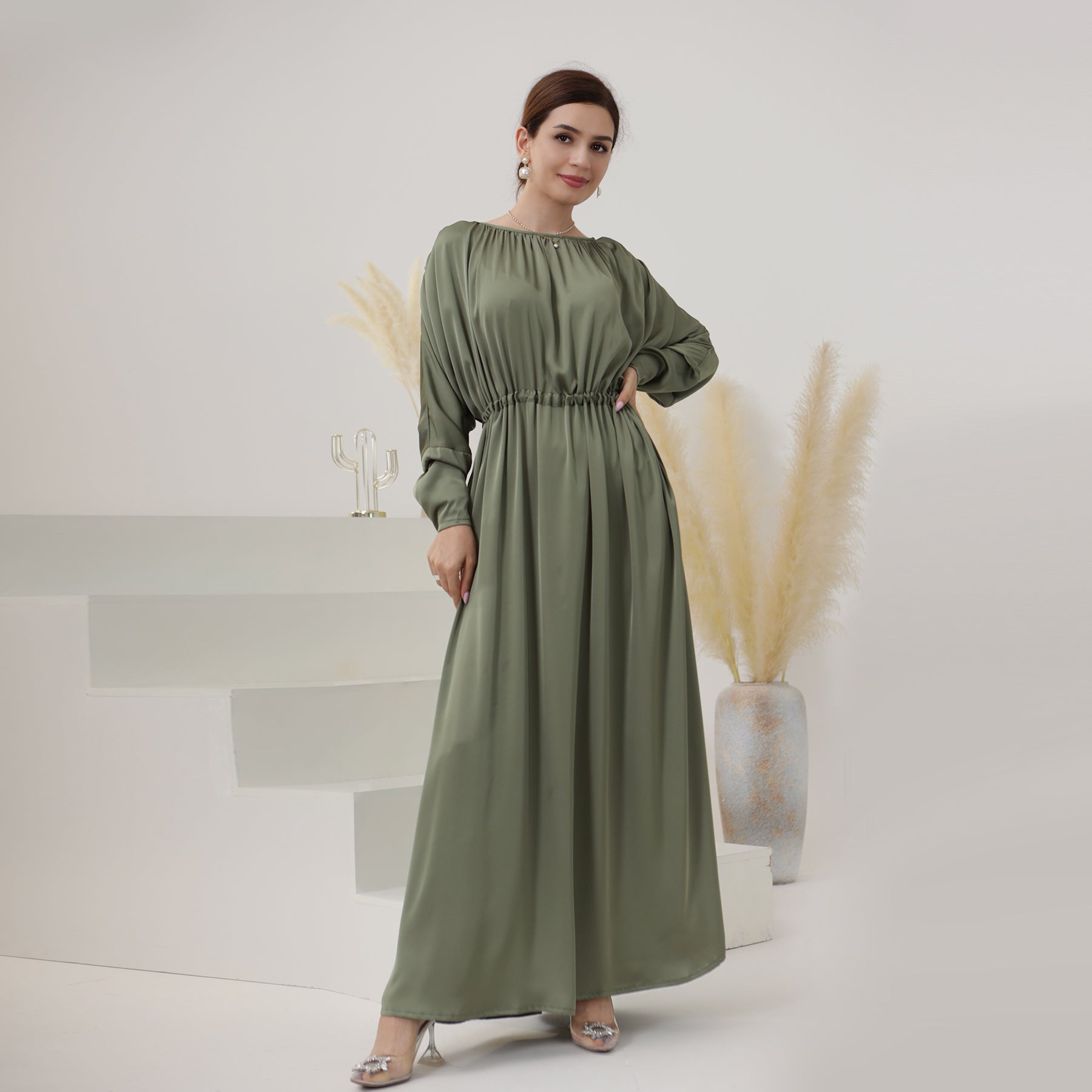 221022#Gonice New Design Satin Abaya Pleated Women Modest Dress