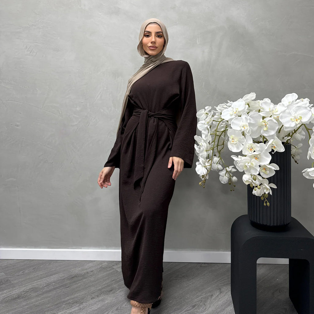 1822#New Arrival Modest Apparel Tie Front Waist Dresses Jazz Maxi Dress Fashion Abaya Women Muslim Dress