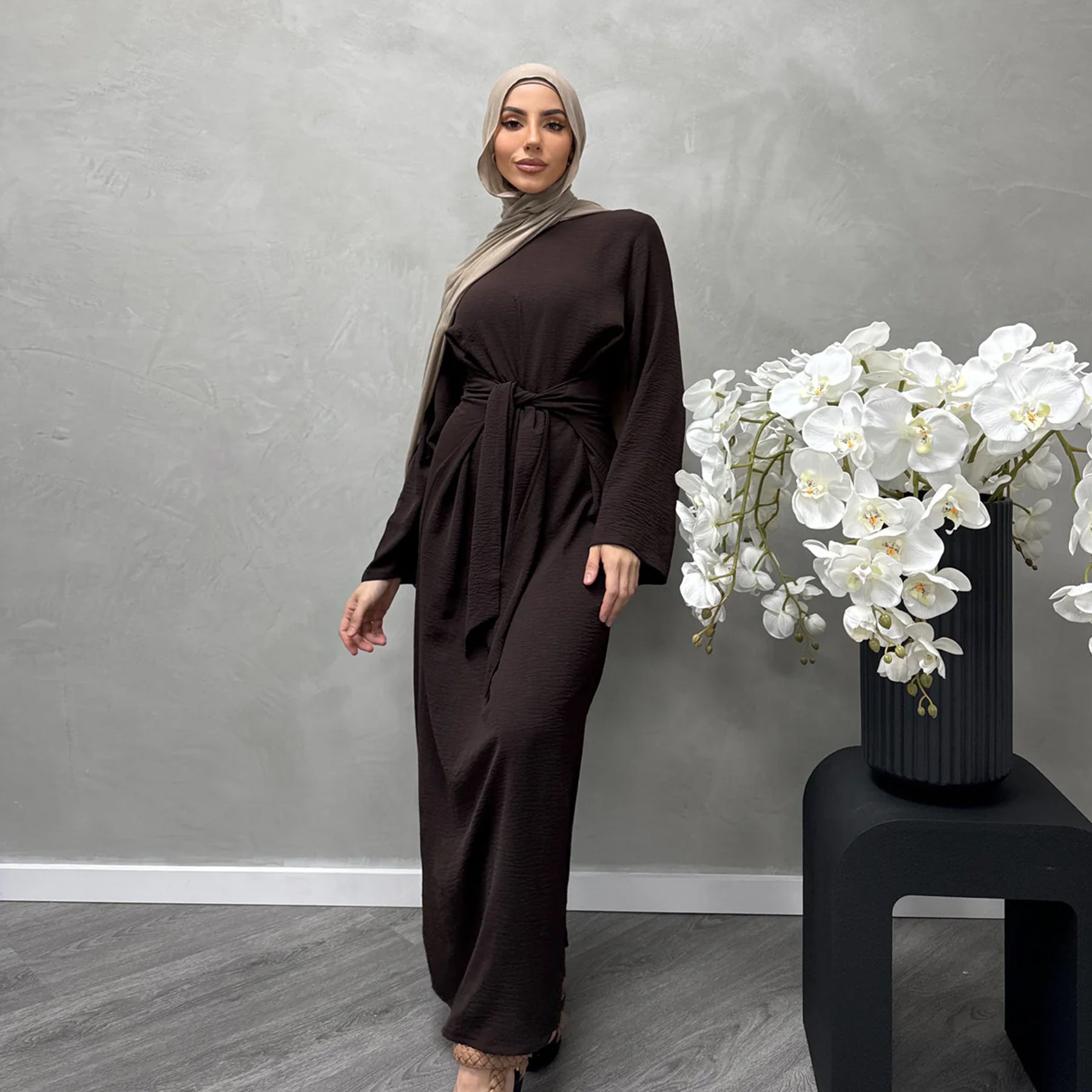 1822#New Arrival Modest Apparel Tie Front Waist Dresses Jazz Maxi Dress Fashion Abaya Women Muslim Dress
