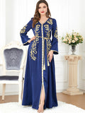 3299#Modest Muslim Turkey Arabic Dubai Diamond Ribbon V Neck Bead Maxi Dress