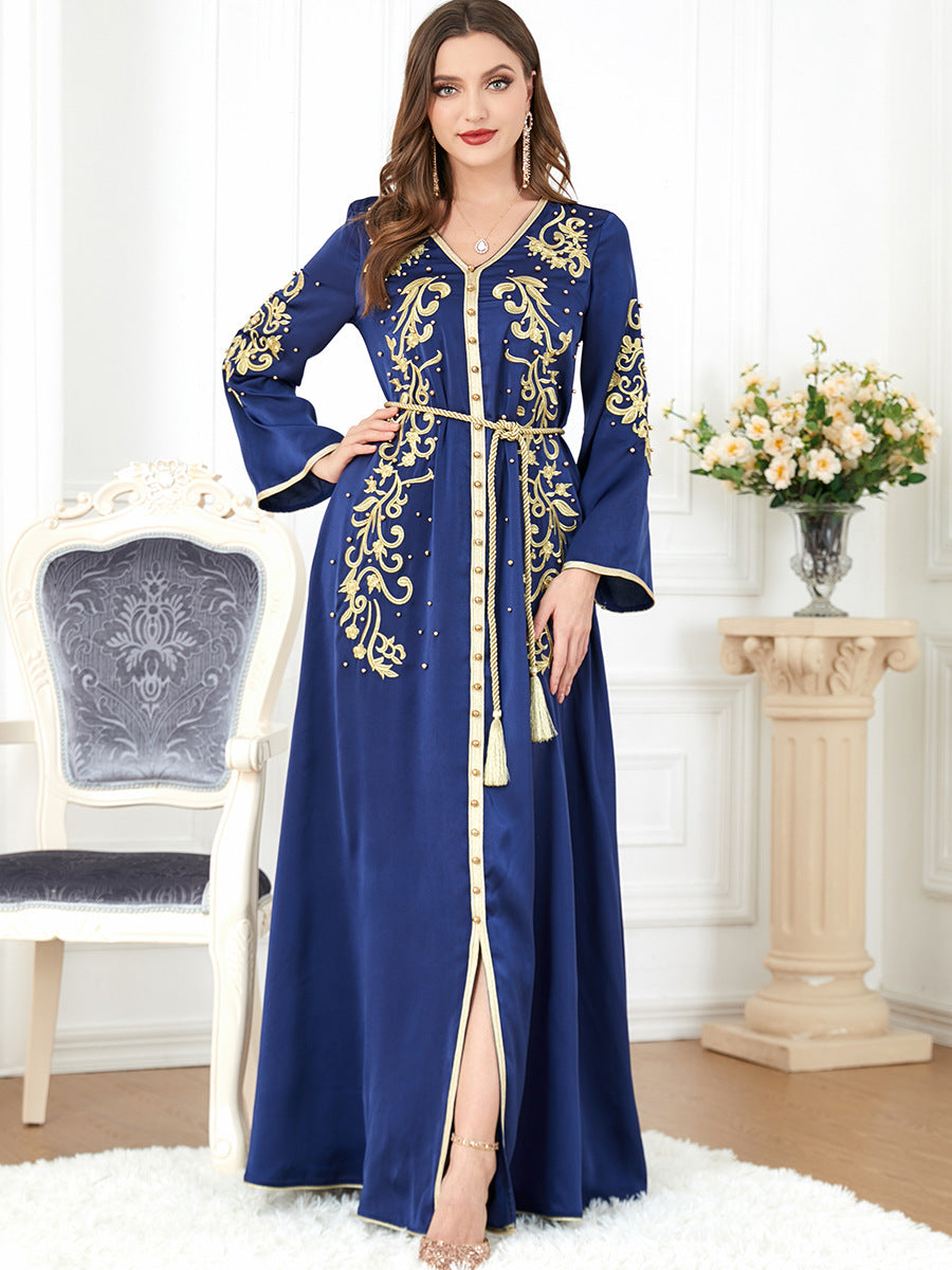 3299#Modest Muslim Turkey Arabic Dubai Diamond Ribbon V Neck Bead Maxi Dress