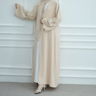 1068#Top Abaya Manufacturers Islamic Clothing Dubai Abaya and Hijab Embroidery Sleeves 2pcs Set Summer Modest Open Abaya