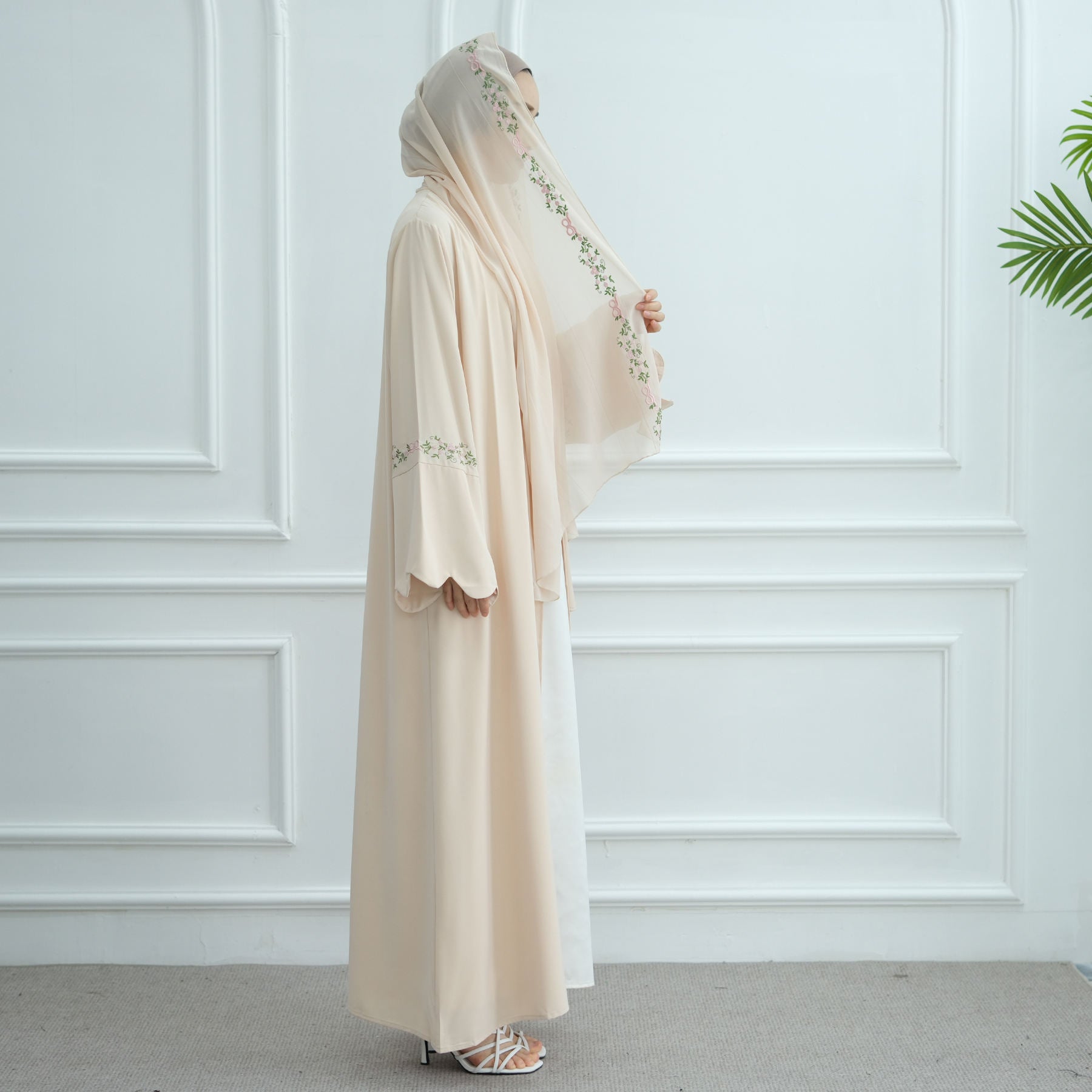 1068#Top Abaya Manufacturers Islamic Clothing Dubai Abaya and Hijab Embroidery Sleeves 2pcs Set Summer Modest Open Abaya