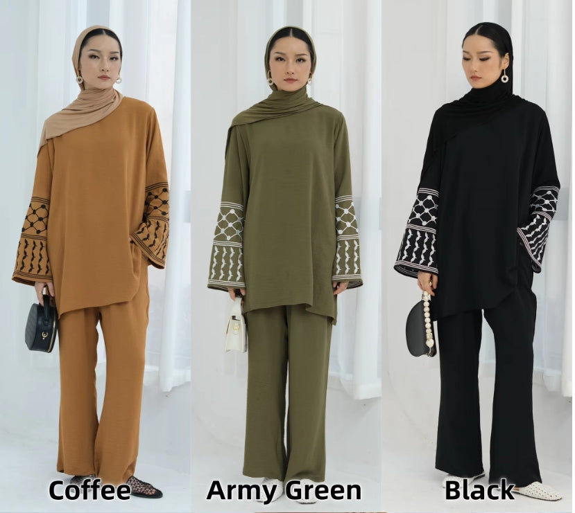 1836#Keffiyeh Inspired Long Sleeve Top and Pants Daily Casual Wear Suit for Muslim Women 2pcs Modest Fashion Abaya Set