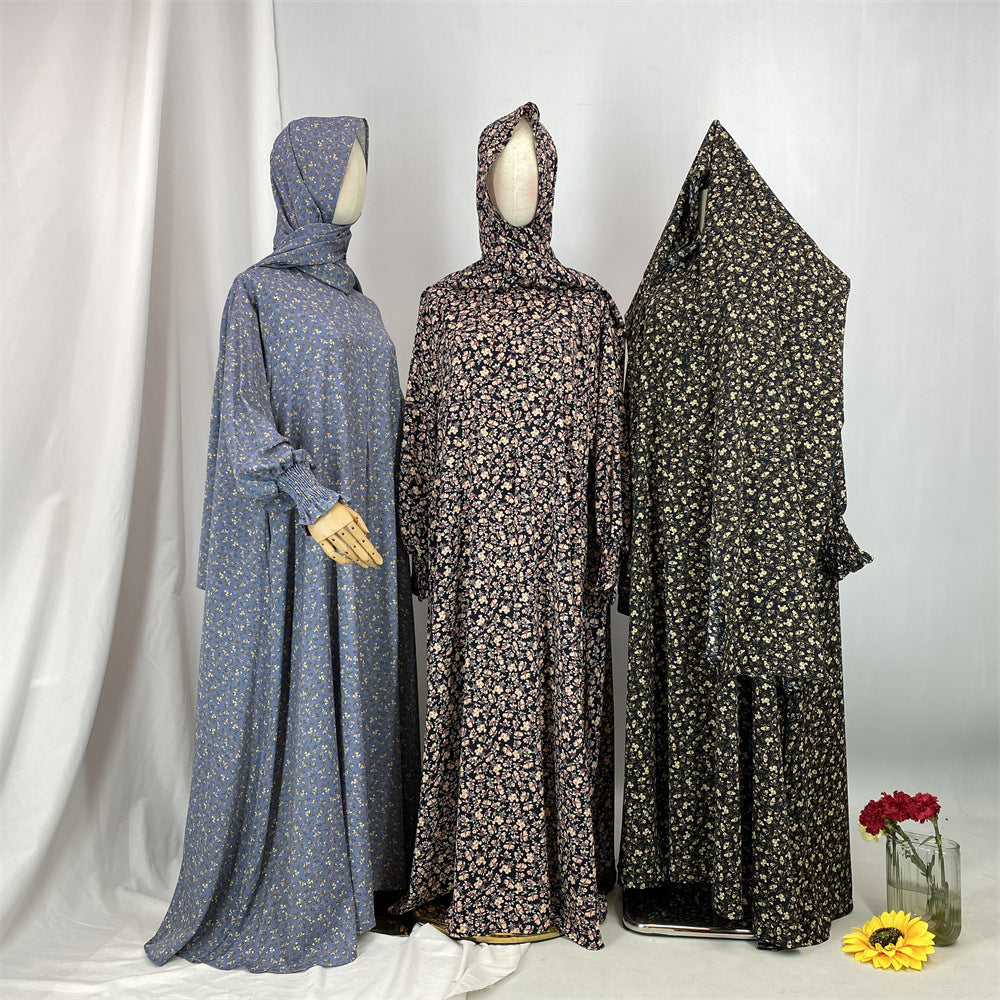 6847#Floral Printed One Piece Tradition Prayer Abaya Robe with Attached Hijab