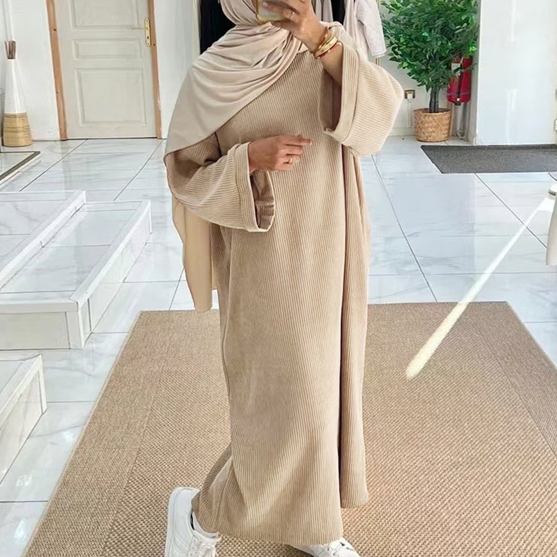 1926#Thin Corduroy Closed Abaya Islamic Clothing Modest Dresses Abaya Women Muslim Dress with Pockets