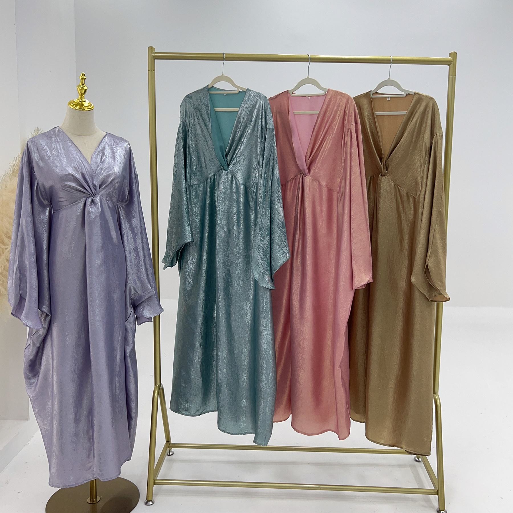 1824#New Modest Shinny Fabric Butterfly Plus Size Womens Dresses Party Wear Evening Ladies Abaya