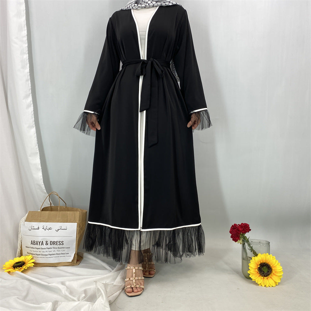 1466#Long Sleeve Elegant Women Solid Color Mesh Black Open Abaya with White Piping