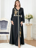3277#Ribbon Jalabiya Moroccan Kaftan Arabic Muslim Black Dress