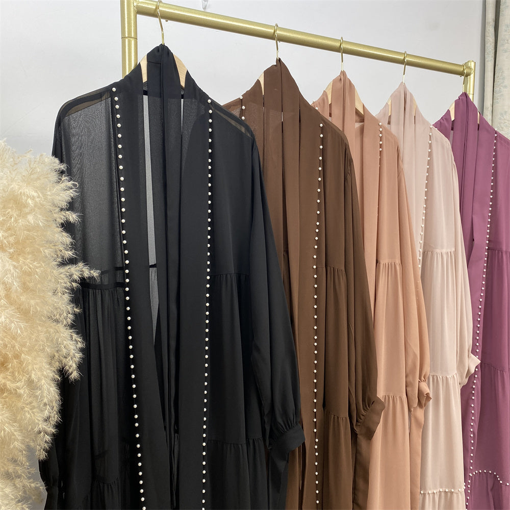 1964#Chiffon open abaya with white pearls tie belt long sleeves dubai abayas 5 colors 的副本