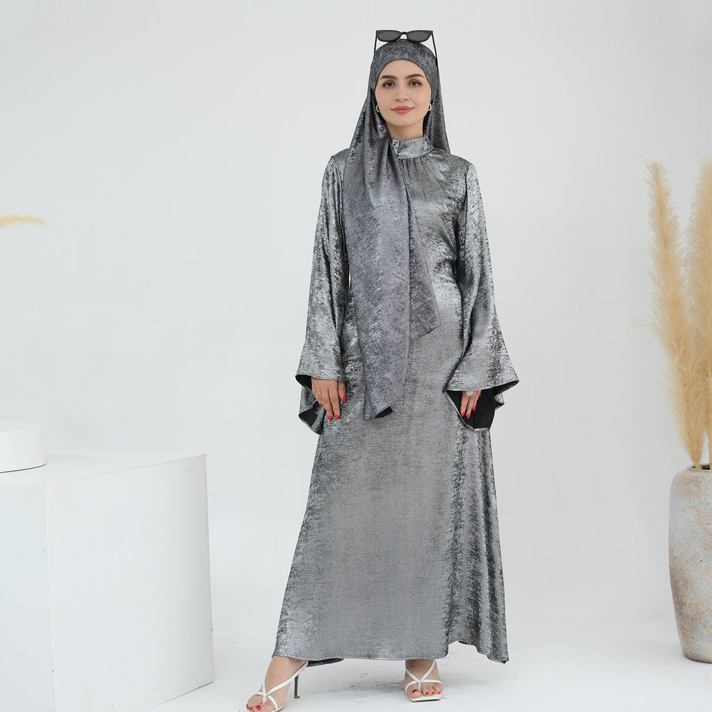 1777#New Modest Muslim Dress Long Sleeve Shinny Polyester Fashion Dubai Abaya Women Dress Elegant Islamic Clothing