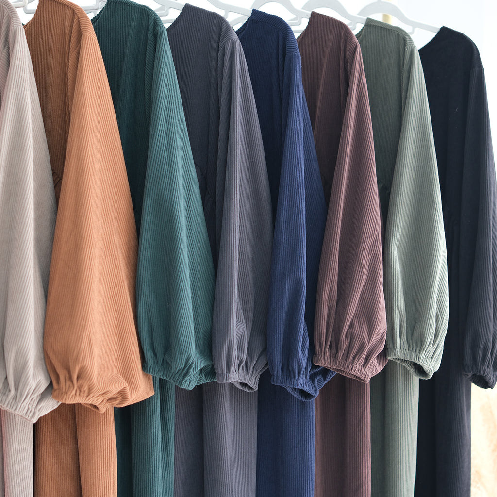1919#New Winter Abaya Round Neck Balloon Sleeves Solid Color Cordury Closed Abaya Women Dresses