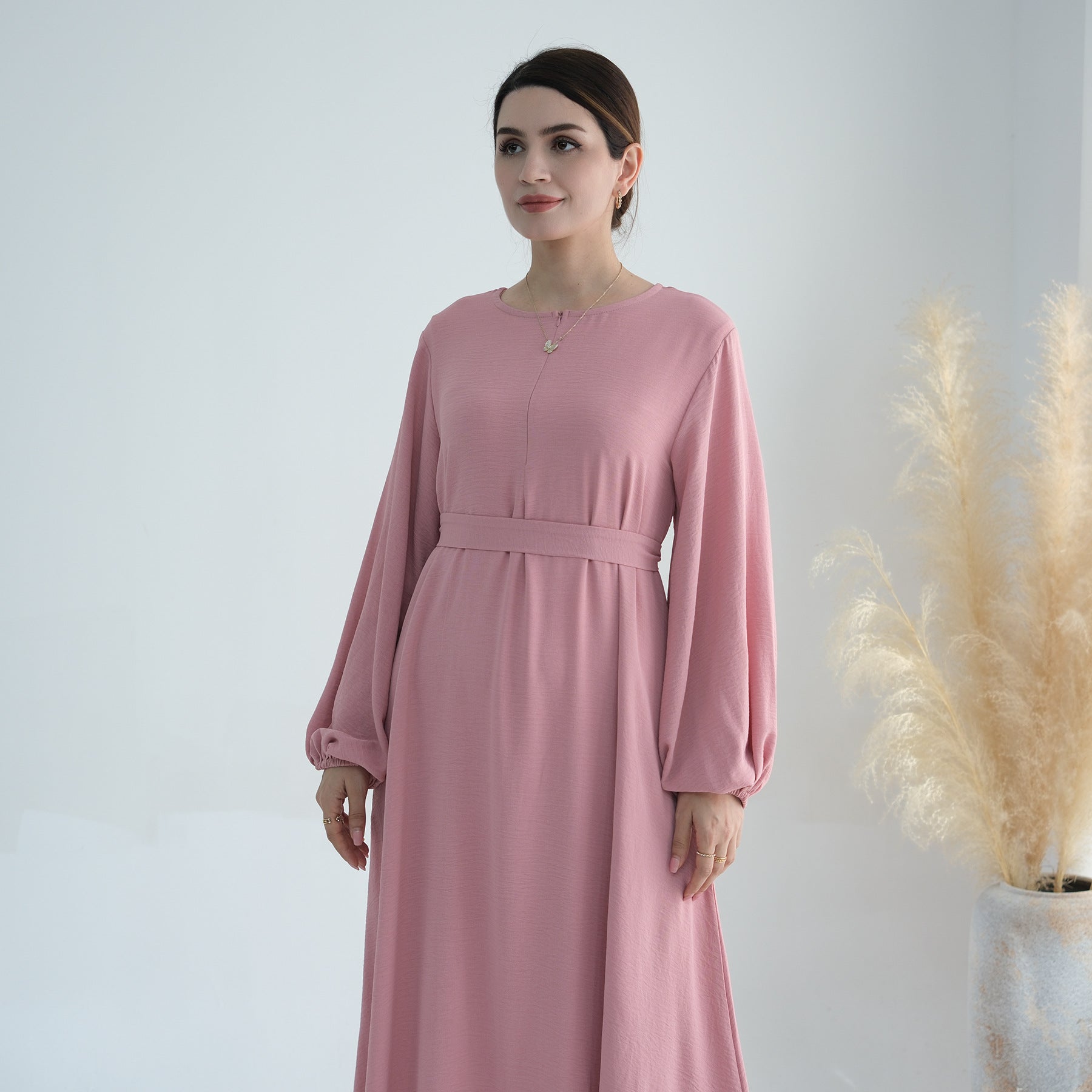 1708#2024 Modest Dresses Solid Color with Front Zipper Women Islamic Clothing