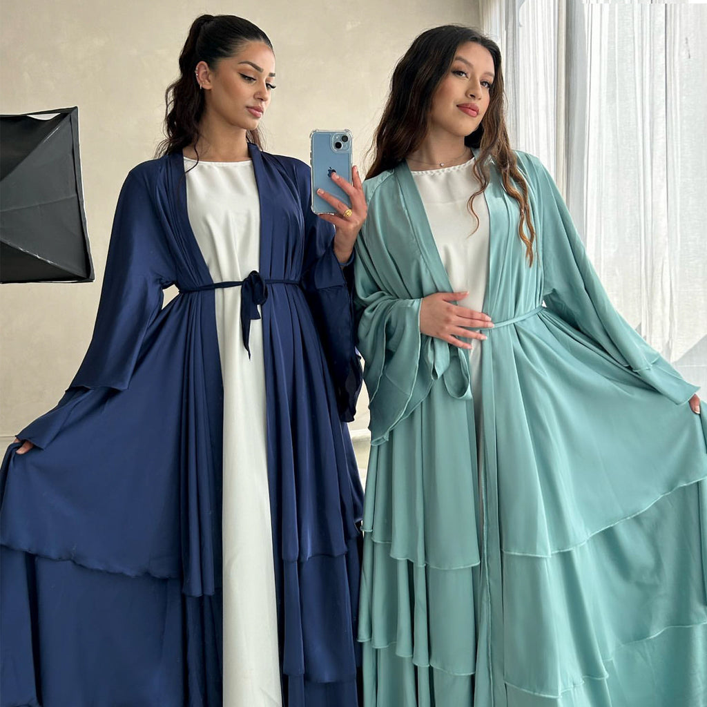 1706#2024 High Quality Satin Silk Open Abaya EID Dubai 3 Layers Abaya Islamic Clothing
