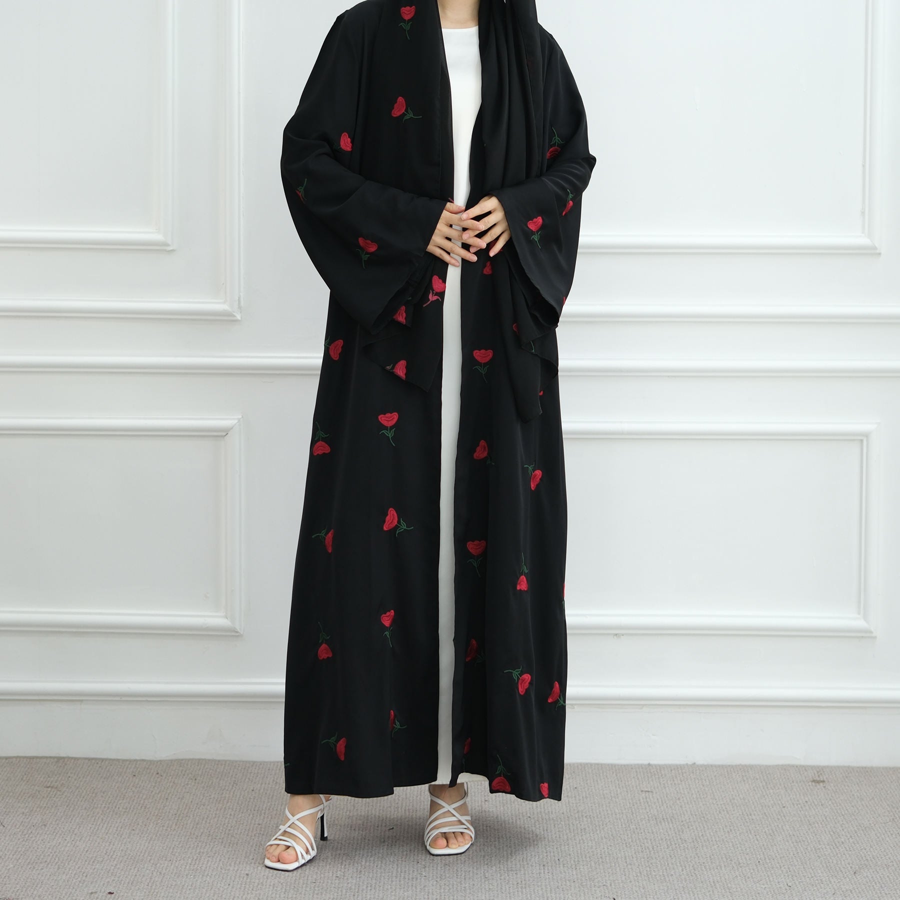 1064#2025 Women's Summer Floral Embroidery Abaya Hijab Set Abaya Manufacturer 2 Pcs Set Islamic Clothing Muslim Women Abaya