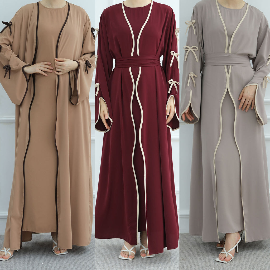 1962#Abaya Cardigan for Women Dubai Islamic Clothing with Nida Wave Bowknot Open Design for Summer Abaya