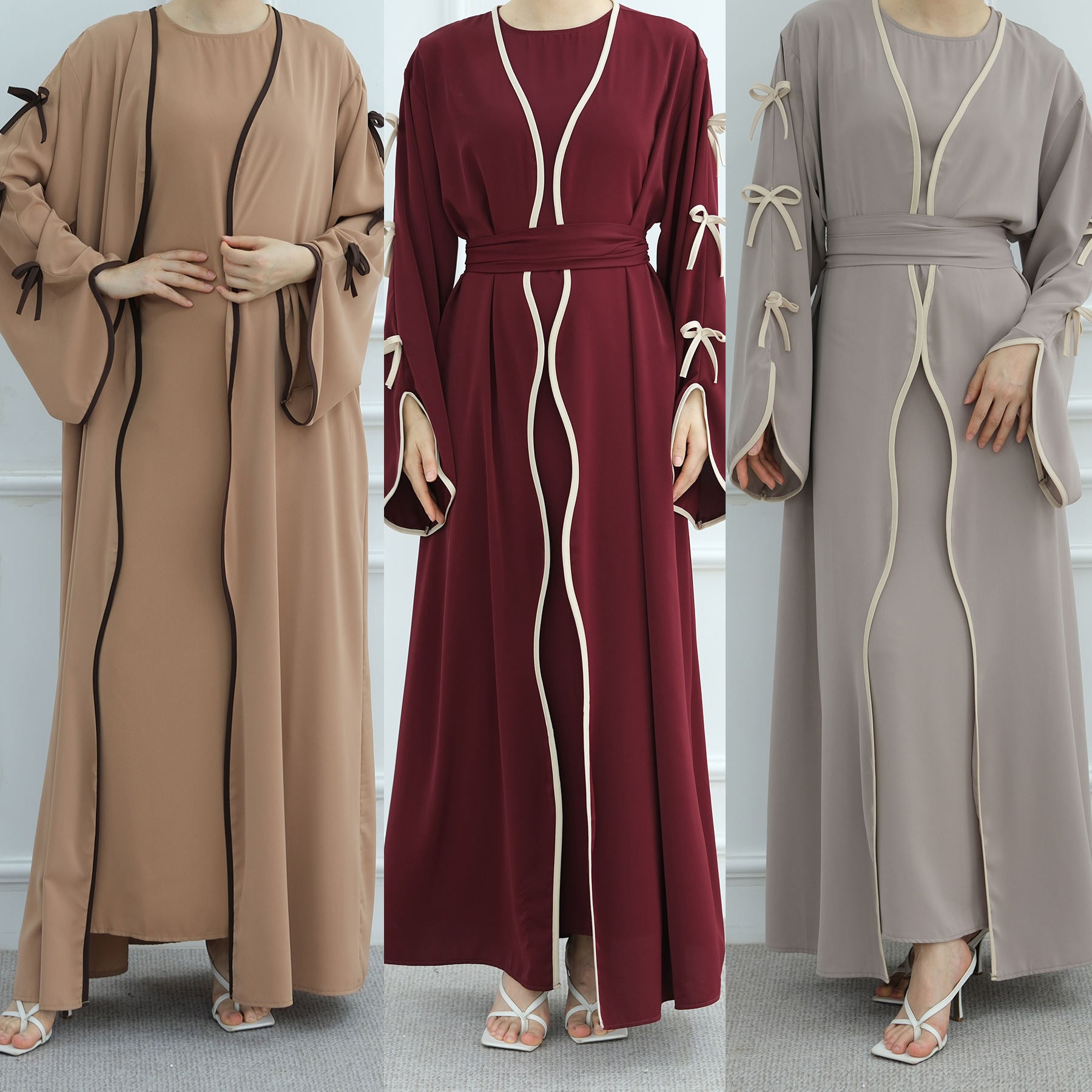 1962#Abaya Cardigan for Women Dubai Islamic Clothing with Nida Wave Bowknot Open Design for Summer Abaya
