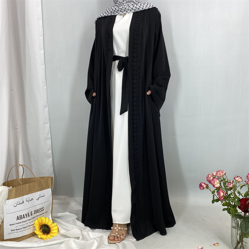 1461#New Arrival Elegant Nida Open Abaya with Matching Floral Lace and Pockets