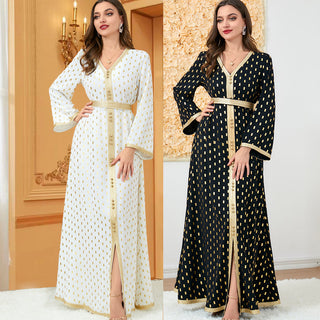 3194#White Dot Gold Stamp Dubai Arabic Moroccan Kaftan Maxi Muslim Dress