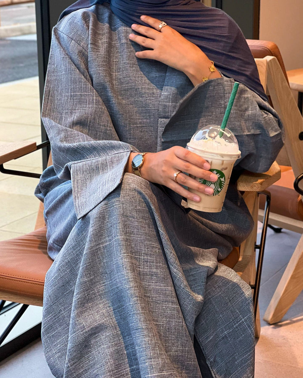 1715#Linen Abaya Slit Long Sleeves with Side Pockets and Back Zipper Women Casual Dress 的副本