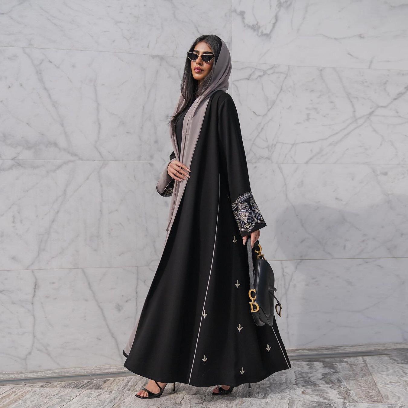 1843#New Embroidery Modest Open Abaya Cardigan Women Muslim Dress Islamic Womens Clothing