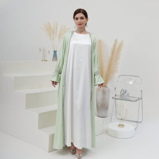 1633#New Design Modest Dubai Muslim Dress Satin Women Open Abaya 2pc set