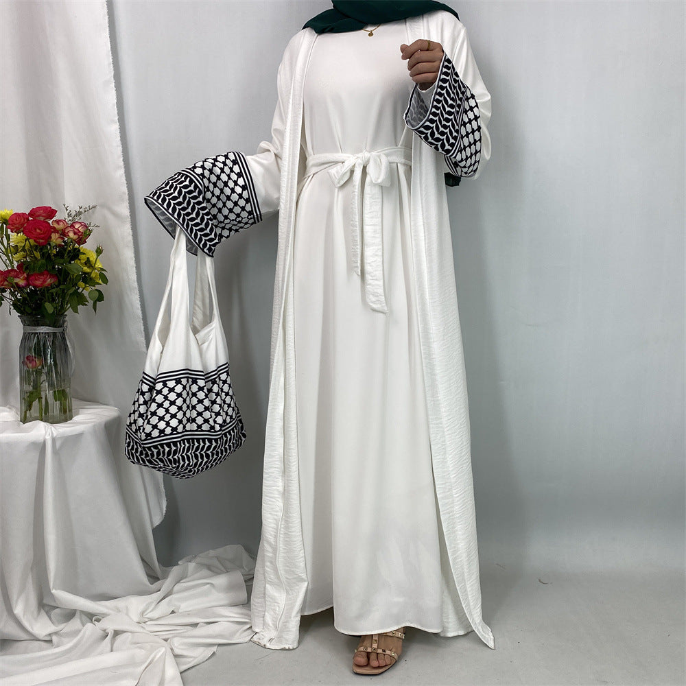 1452#Hot Seller Palestine-Inspired Printed Soft Linen Keffiyeh Open Abaya Wholesale With Crossbody Bag